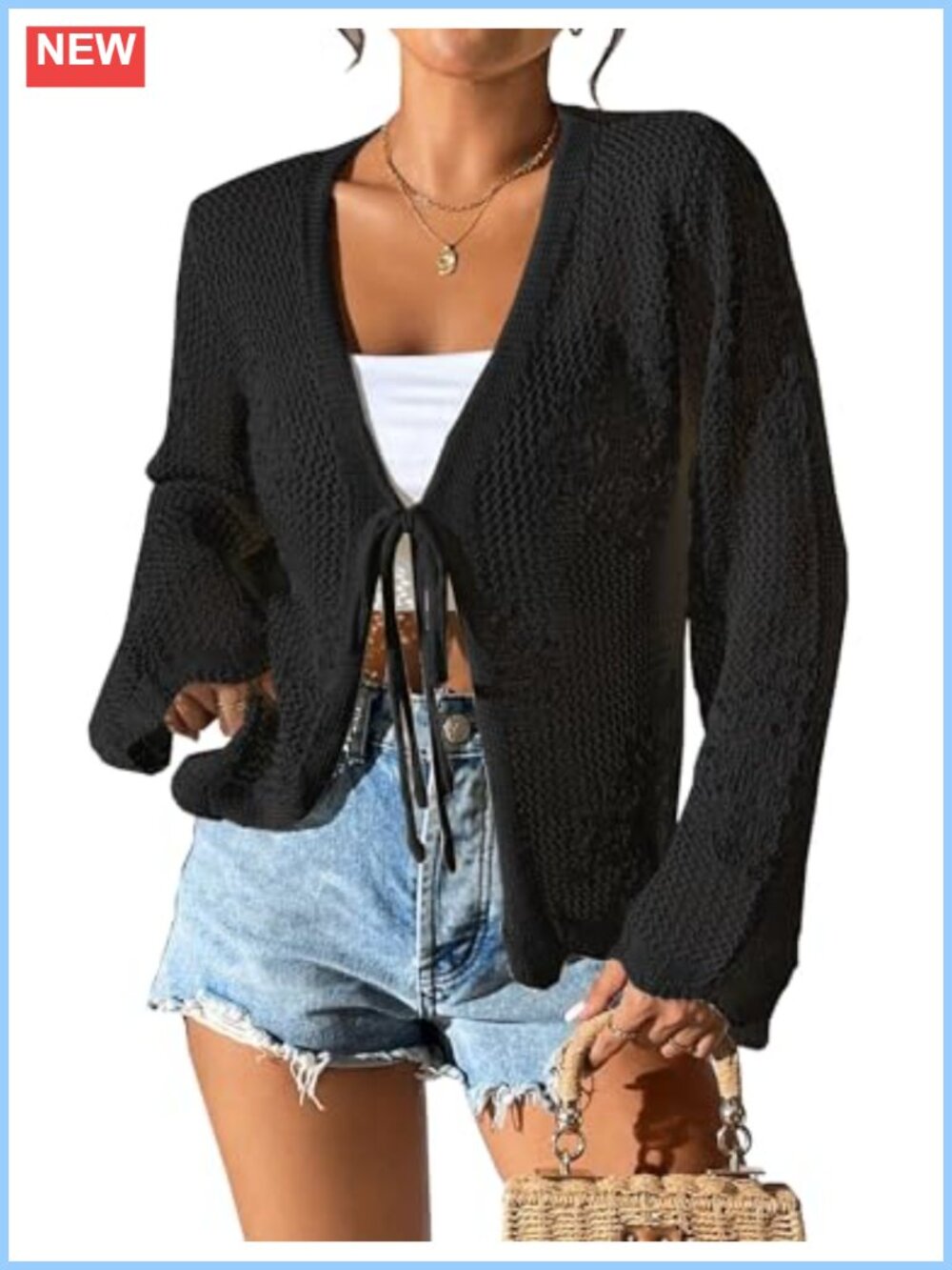 Lightweight Tie Front Crochet Cardigan Long Sleeve Hollow Out Knit